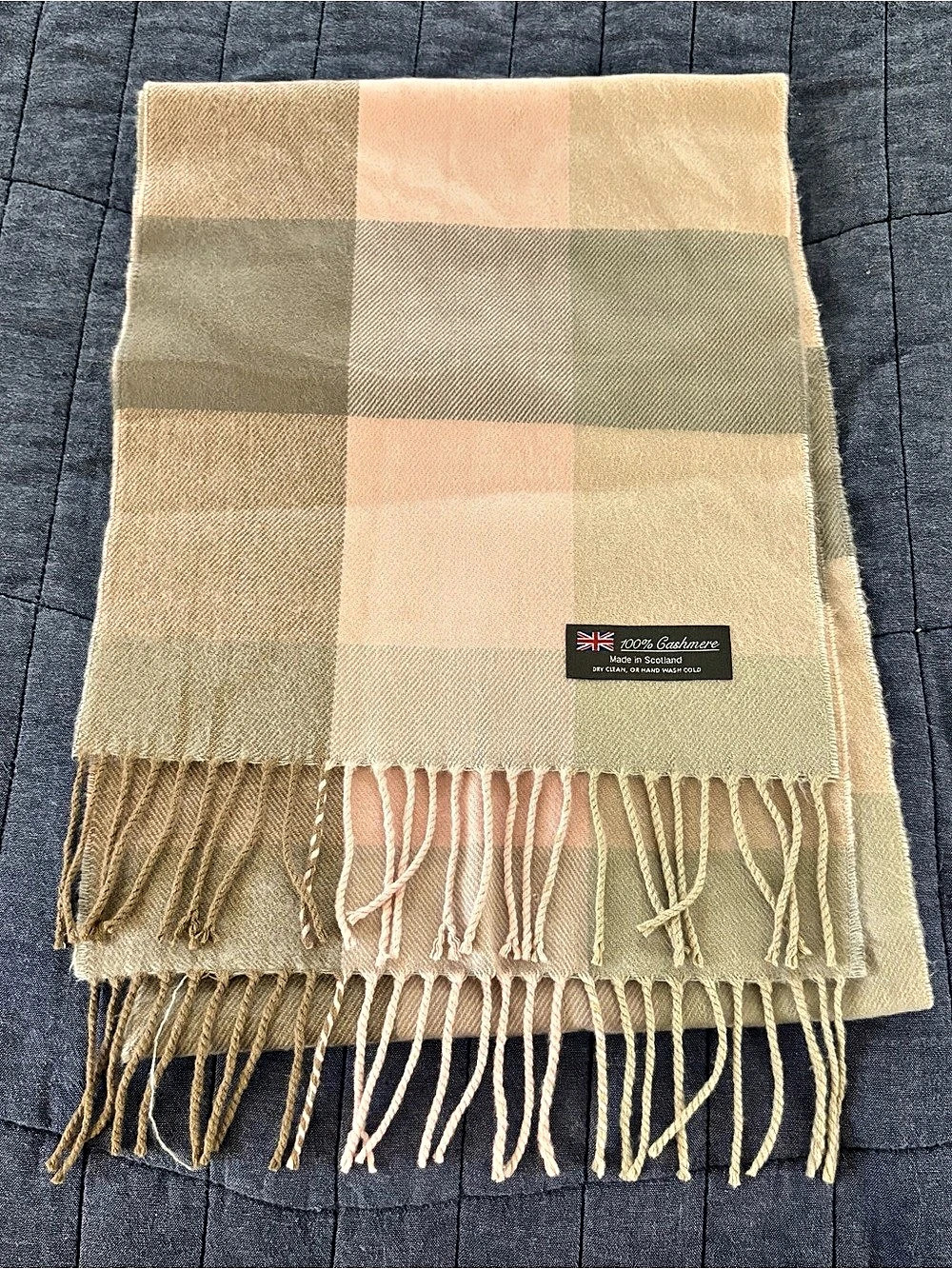 100% Cashmere Pink Green Grey Tartan Plaid Scarf Made in Scotland